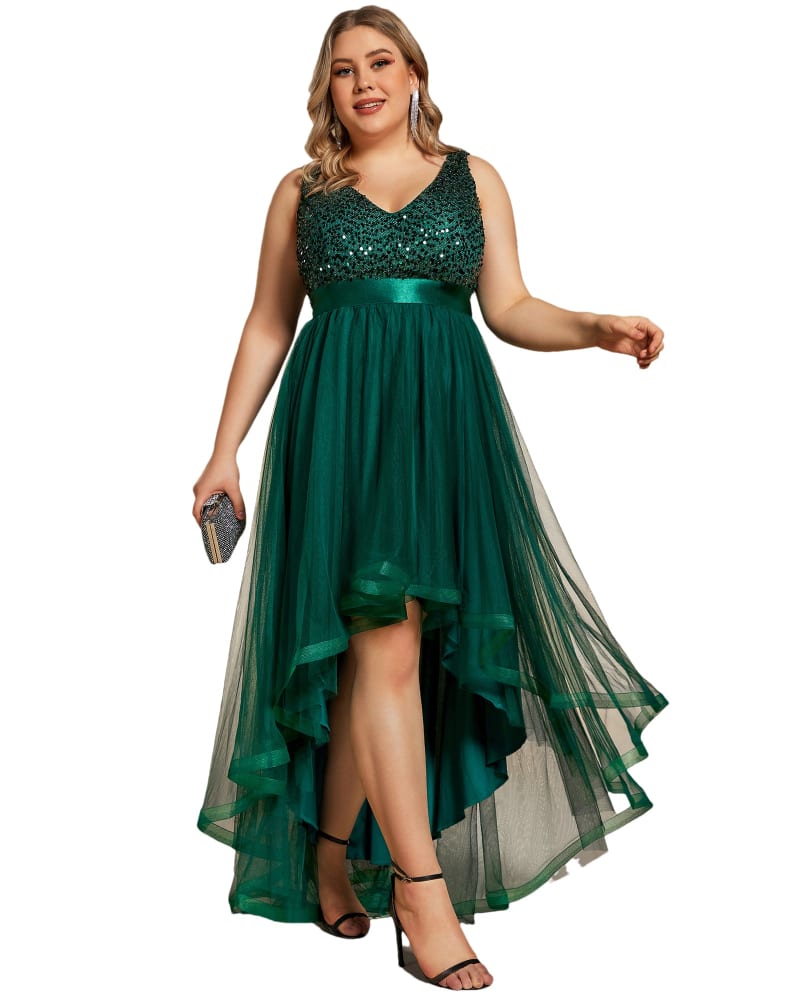 Front of a model wearing a size 10 Sleeveless Sequin Ribbon Waist Tulle High Low Evening Dress in Dark Green by Ever-Pretty. | dia_product_style_image_id:324518